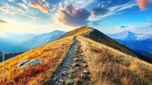 Fototapeta Naklejka Na Ścianę i Meble -  Mountain trail leading along the mountain ridge of beautiful mountains with autumn grass and colorful sky. 