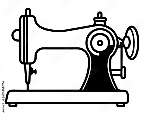 Black and white sewing machine graphic, garment making symbol, tailoring and crafts equipment, with copy space