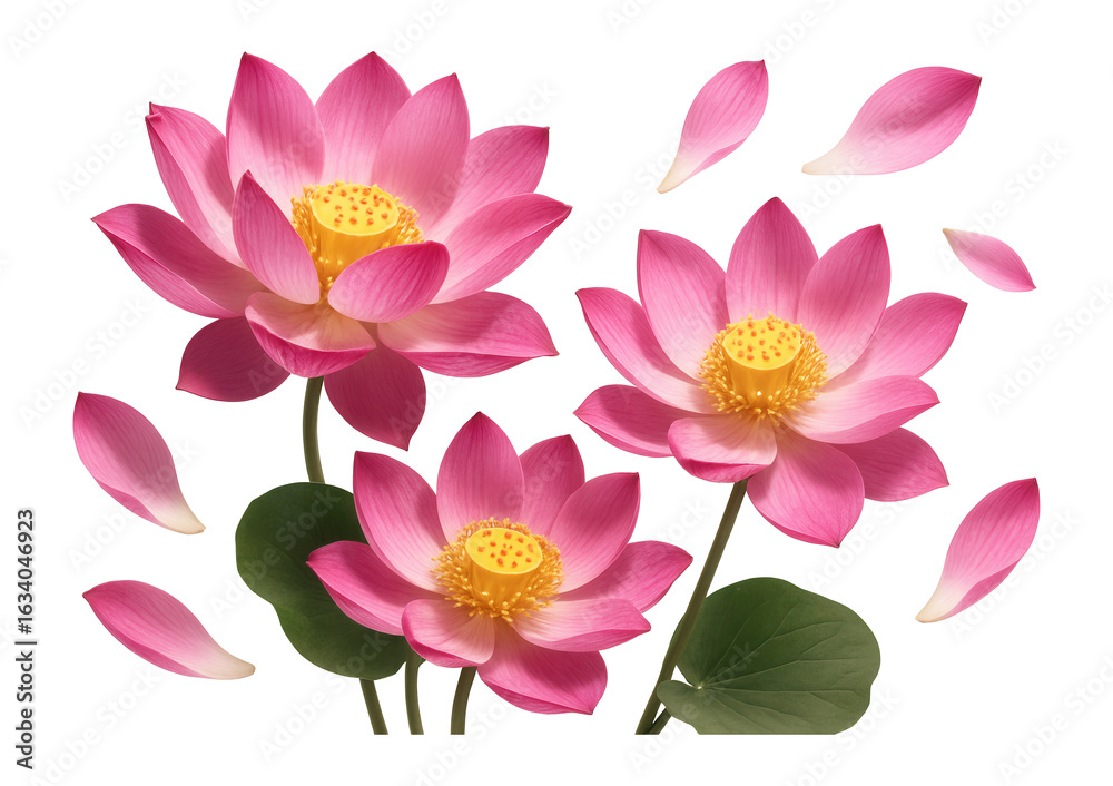 Obraz premium Delicate pink lotus flowers and petals with vibrant green leaves on transparent background.