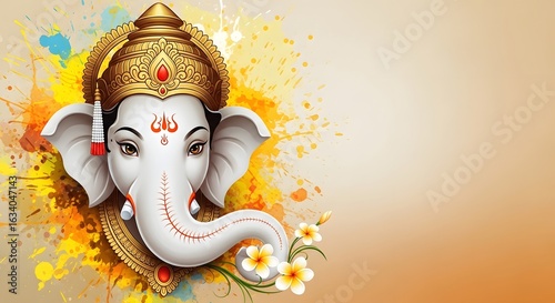 Illustration of lord ganesha with golden crown and floral accents against a colorful background art