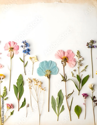 Pressed Botanical Specimens on Handmade Paper Background – Vintage Floral Arrangement for Graphic Design, Scrap booking, Print Projects