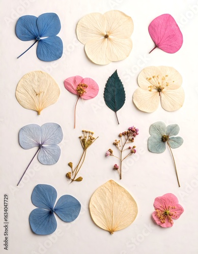 Pressed Flower and Leaf Arrangement on White Background, Vintage Botanical Flat Lay