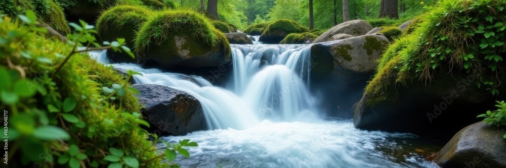 Fototapeta premium Meltwater cascades over mossy rocks, vibrant spring greenery , shadow, background