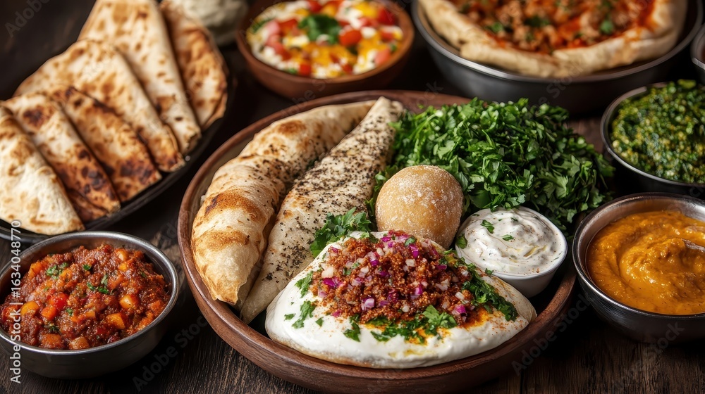 Fototapeta premium Authentic Indian Cuisine Spread with Breads and Dips for Sharing
