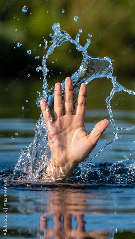 Fototapeta premium Human hand emerging from the water creating a beautiful splash with droplets and ripples under the sunlight highlighting texture