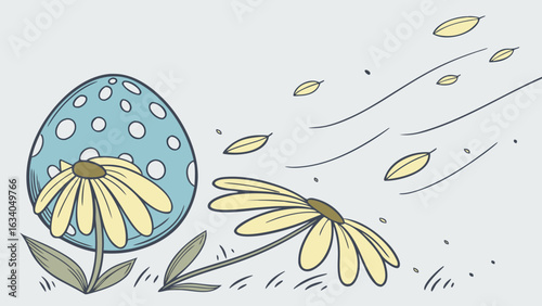 Cartoon illustration of flowers in a windy scene with a polka dot egg shaped object behind them