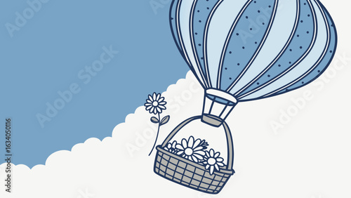 Aesthetic blue hot air balloon carrying a basket of flowers floating among white fluffy clouds