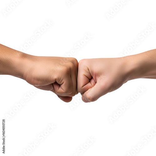 Two guys giving each other a fist bump, isolated on a white background.

