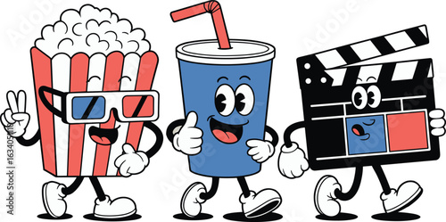 Cartoon popcorn, soda cup, clapperboard, movie snack characters, cinema fun, 3D glasses, entertainment concept