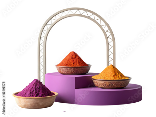 Vibrant Holi Festival Colors in Bowls with Archway Display