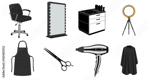 Beauty salon equipment set with hydraulic chair, illuminated mirror, and hair tools on transparent background
