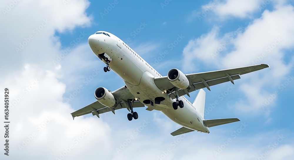 Fototapeta premium An airplane ascends into the blue sky with clouds