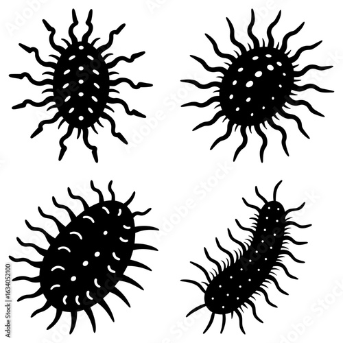 Illustration of four black microorganisms with spiky appendages and dotted bodies on a white background