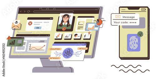 Computer screen with malware alerts, charts, and user profiles, alongside a phone with messaging and fingerprint authentication interface. Ideal for security, data analysis, authentication, online