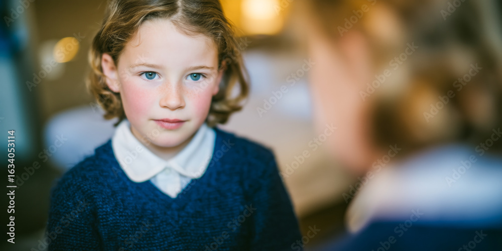 Fototapeta premium A young girl with curly hair, wearing a dark blue sweater and white collar, gazes thoughtfully into a mirror, her blue eyes reflecting curiosity and innocence.