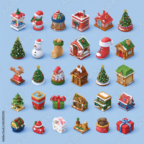 Collection of festive miniature Christmas holiday figurines including houses Christmas trees snowmen reindeer and gifts perfect for decorations and winter scenes