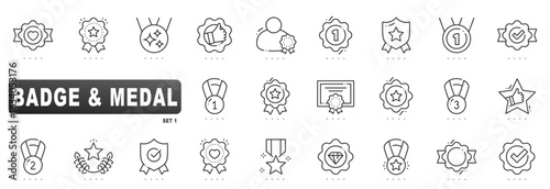 Minimal outline vector badge and medal set featuring award seals, rosette ribbons, certification icons for achievement, honor, first, verified excellence