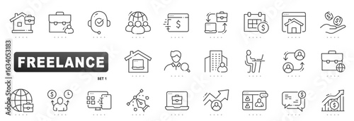 Editable outline vector efficient freelance icons depicting remote workspace, portfolio management, invoice and booking, earnings analytics, scheduling, networking and consulting