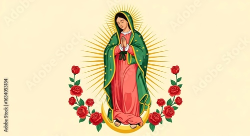 An illustration of the virgin of guadalupe surrounded by roses and a radiant halo