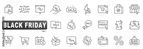 Modern editable stroke Black Friday icon set featuring shopping, sale, discount, ecommerce, cart, checkout, flash sale, minimal outline vector designs