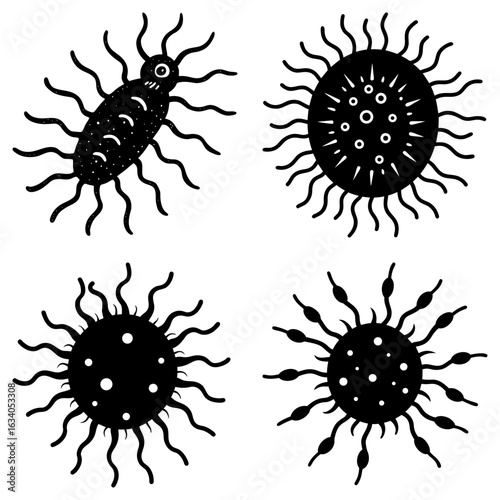 Illustration of four stylized black and white microorganisms with tentacle like appendages and spots