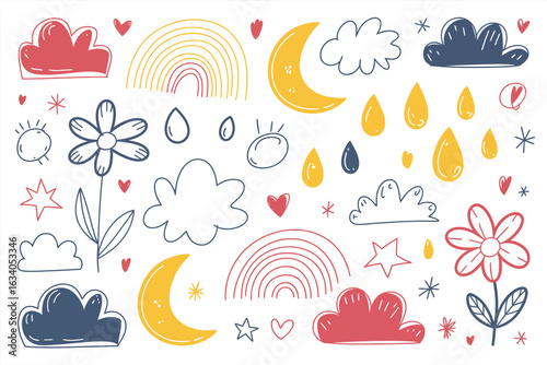 Doodle Style Weather and Nature Elements Cute Hand Drawn Vector Illustration Whimsical Childrens Design for Prints or Wall Decor