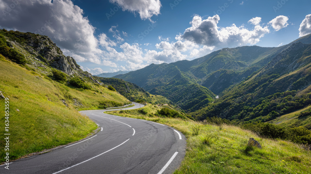 Fototapeta premium Twisting mountain road curves through lush green hills under a bright blue sky