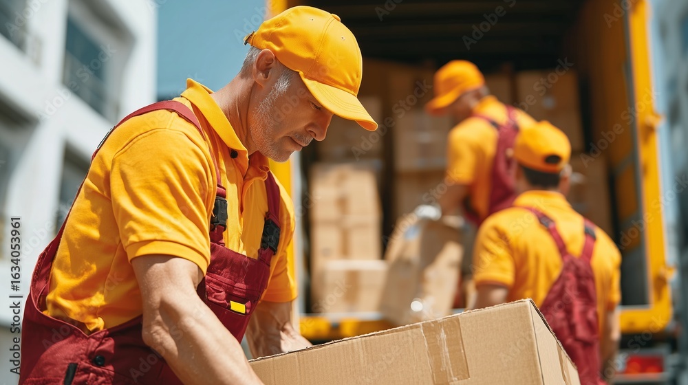 Obraz premium A delivery worker in a bright orange shirt and cap lifts a cardboard box from a truck. Two colleagues in the background unload more packages under a clear blue sky.