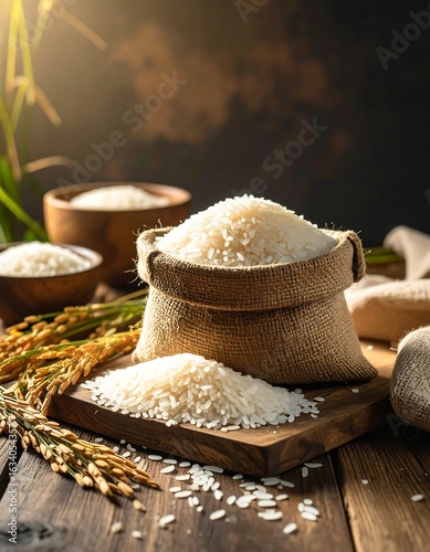 Rice grains in burlap sack on wooden board