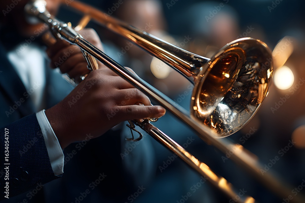 Fototapeta premium Close-up of trombone player skillfully handling slide under studio lighting.