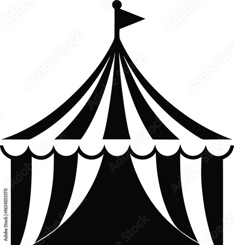 A colorful circus tent with a flag atop its peak, set against a clear blue sky vector