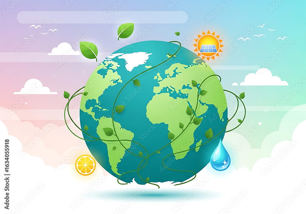 Naklejka premium Photo of planet earth with green leaves, sun, water drop and lemon illustration