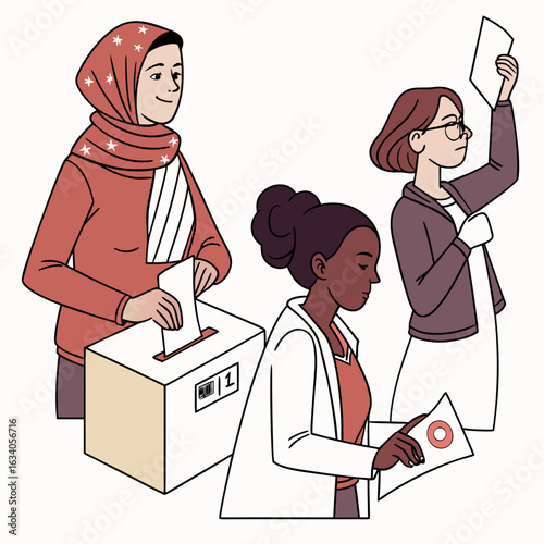 Three diverse women casting votes at a polling station