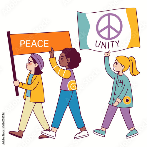 Three people holding banners with peace and unity symbols