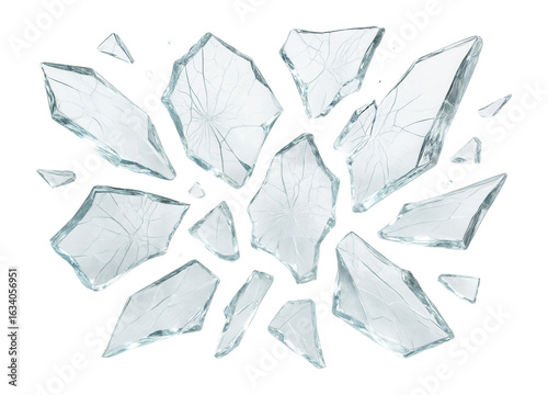 Scattered transparent shards of broken glass with visible cracks on transparent background.
