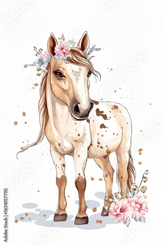 Cute spotted horse with floral wreath, decorative animal illustration for girls