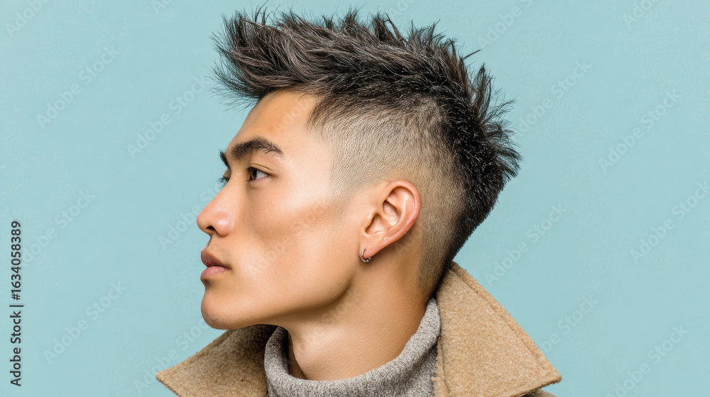 Fototapeta premium Young Asian male with trendy spiked haircut and earring wearing beige coat, confident expression