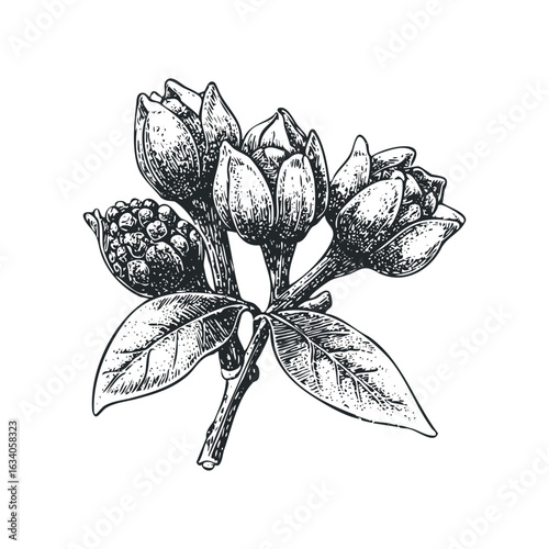 Engraving Style Botanical Drawing of Flower Buds with Leaves