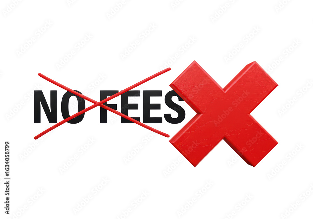 Fototapeta premium Isolated 'NO FEES' Text Crossed Out with Red X for Fee Elimination