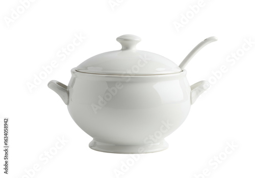 Foto Isolated White Ceramic Soup Tureen with Ladle for Elegant Dining