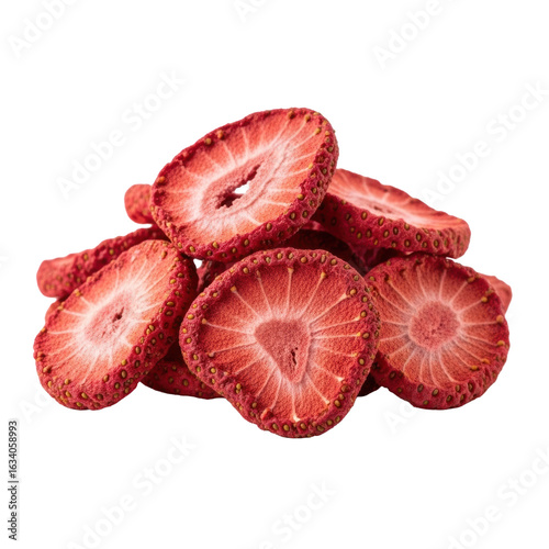 Vibrant freeze-dried strawberry slices, deep muted red with porous texture, delicately piled against a seamless transparent background, macro shot, soft studio light, concept of appetizing natural