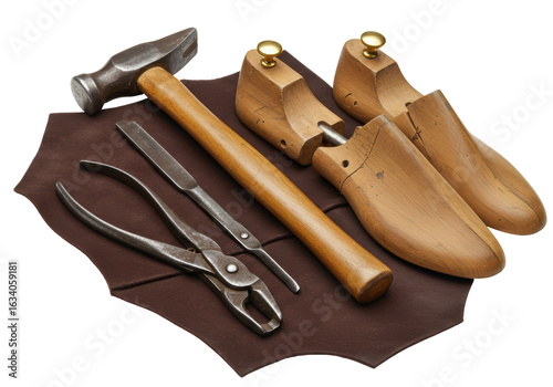 Bild auf Leinwand Isolated Shoemaking Tools on Leather Surface for Craftsmanship