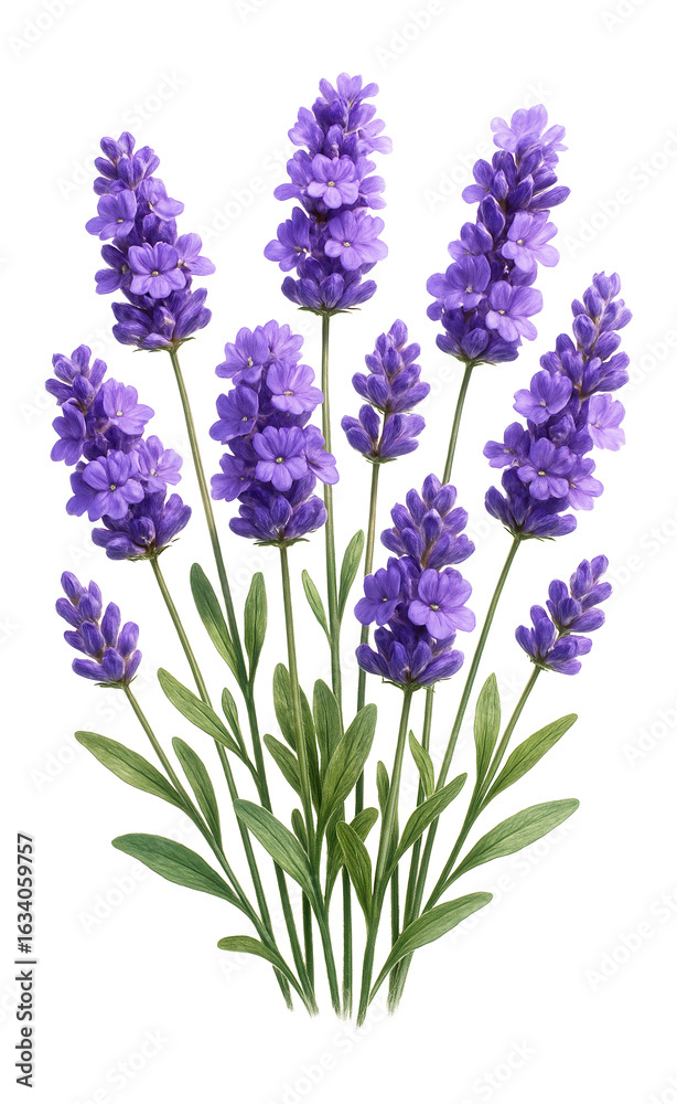 Naklejka premium A bunch of vibrant purple lavender flowers with green stems and leaves is depicted on transparent background.