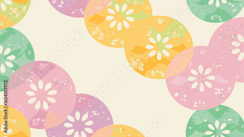 Pastel colored circles with floral patterns arranged on a light background creating a soft and dreamy effect