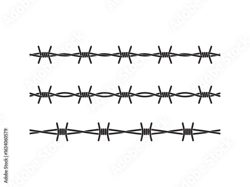 Three rows of barbed wire silhouette vector isolated on white background.