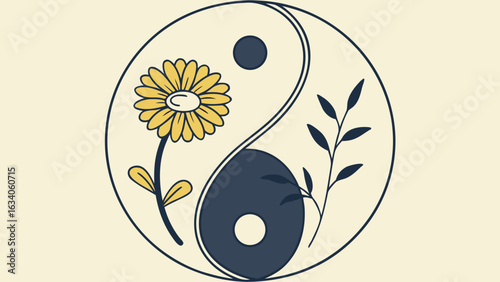 Yin yang symbol with yellow flower and leaves in a circle on a light yellow background design art