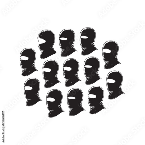 Collection of black ski mask vector isolated on white background.