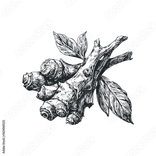 Ginger Root and Leafy Stalks Detailed Engraved Illustration Isolated on White