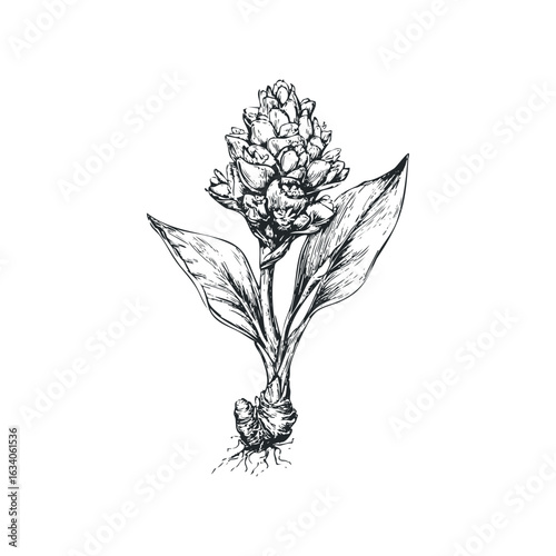 Hand Drawn Sketch of a Flowering Plant with Leaves and Roots