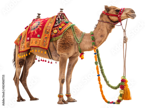Decorated Camel on White Background:  A Majestic Dromedary Ready for Travel